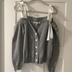 English Factory Gray Off-Shoulder Sweater with White Ties